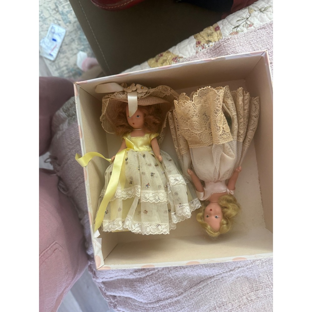 Vintage Storybook 1950s Dolls USA Set of 2 Lace Gown Miniature Dolls Yellow Pink